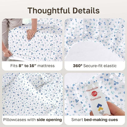 California Design Den Floral Pattern King Size Sheets Set - 400 Thread Count, Soft Sateen, Natural 100% Cotton Sheets, Deep Pockets, and Durable Bedding Set - Blooming Meadows
