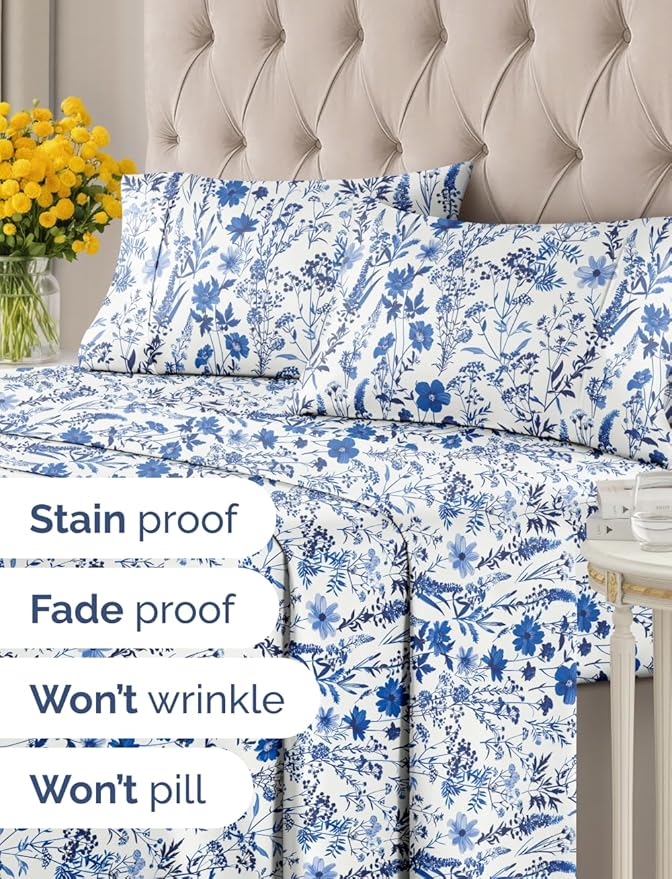 Floral Sheets - White & Blue Bed Sheet Set - 1 Flat, 1 Fitted & 2 Pillowcases w/ Deep Pockets - Comfy, Cozy, Wrinkle & Fade Free - Boho Botanical Bedding - Soft, Breathable & Cooling - King Size Set