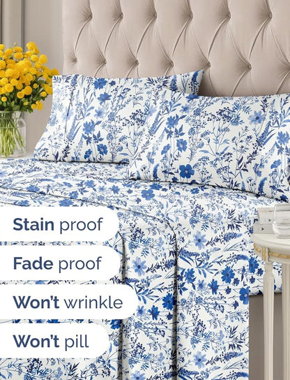 Floral Sheets - White & Blue Bed Sheet Set - 1 Flat, 1 Fitted & 2 Pillowcases w/ Deep Pockets - Comfy, Wrinkle & Fade Free - Boho Botanical Bedding - Soft, Breathable and Cooling - Cal King Size Set