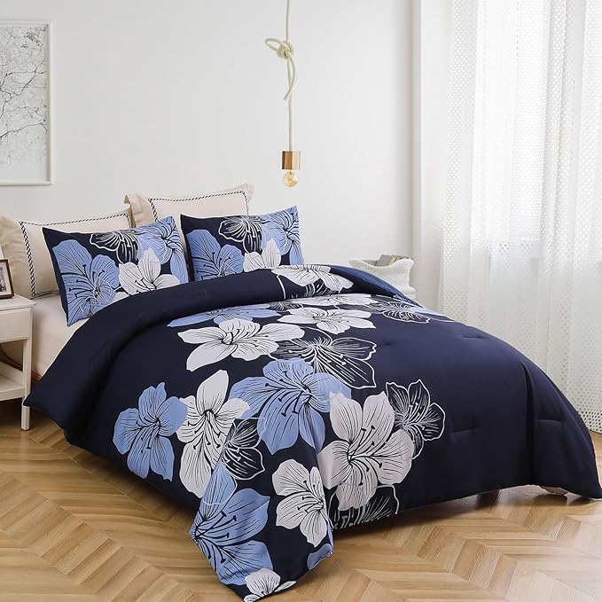 Menghomeus Full Comforter Set Navy Blue Floral Bedding Comforter Sets - Soft Microfiber Bed Comforter Set for All Season 3 Piece Botanical Flowers Comforter, Pillowcases