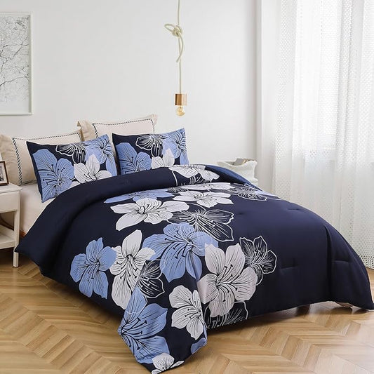 Menghomeus California King Comforter Set Navy Blue Floral Bedding Comforter Sets - Soft Microfiber Bed Set for All Season 3 Piece Botanical Flowers Comforter, Pillowcases