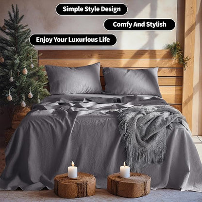 LBRO2M 100% Pure Linen Sheet Set Deep Pocket Up to 16" Bed Sheets Sets, Natural Flax Beddings Soft, Breathable, Comfortable for All Seasons 4 Pcs Sheet Set Full Size, Dark Grey
