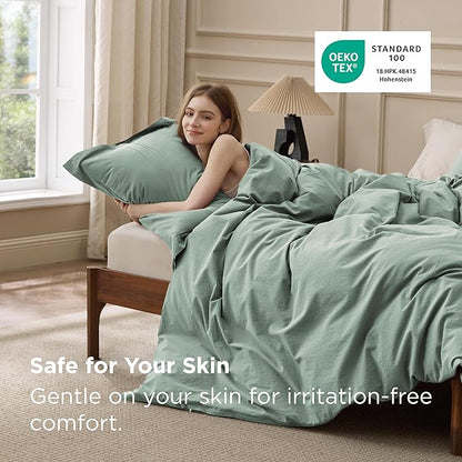 Bedsure 100% Washed Cotton Duvet Cover Queen Size - Iceberg Green Minimalist Bedding Set Linen Like - PureWoven Plain Simple & Soft Comforter Cover for All Seasons (Iceberg Green, Queen, 90"x90")