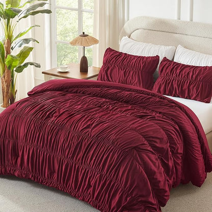Andency Ruched Burgundy Full Size Comforter Sets, Shabby Chic Pleatd Bedding Sets 3 Pieces, Lightweight Soft Boho Ruffle Bed Set for Girls, Kids, Women, All Season
