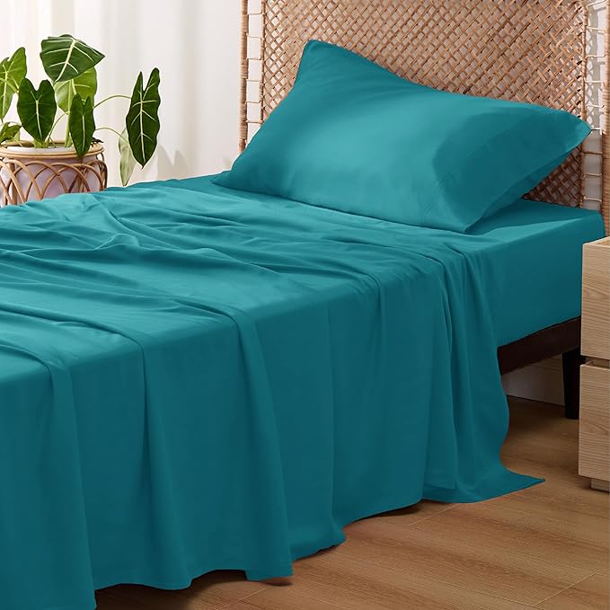 Bedsure Cooling Sheets Twin XL, Rayon Derived from Bamboo, PureWoven, Breathable & Soft Twin XL Sheet Sets, Deep Pocket Up to 16 Inches, Hotel Luxury Silky Dorm Bedding for Hot Sleepers, Turquoise