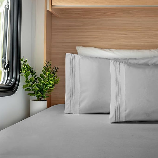Elegant Comfort Luxurious 1500 Premium Hotel Quality Microfiber Three Line Embroidered Softest 4-Piece Bed Sheet Set, Wrinkle and Fade Resistant, RV Short Queen, Silver
