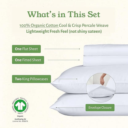 California Design Den California King Sheets Set - Soft 100% Organic Cotton Sheets with Deep Pockets, Crisp Percale, Breathable and Durable Bedding Set - White