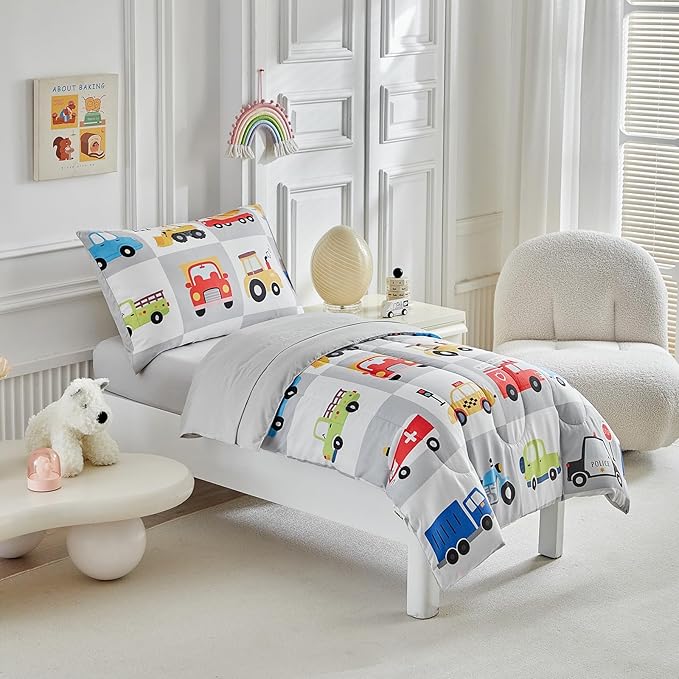 White Gray Toddler Bedding Set for Boys Girls Colorful Cars Vehicle Auto Fire Engine Bulldozer 4PC Toddler Bed Set - Soft Cute Toddler Plaid Patchwork Bed in a Bag with Sheet Set and Pillow Shams