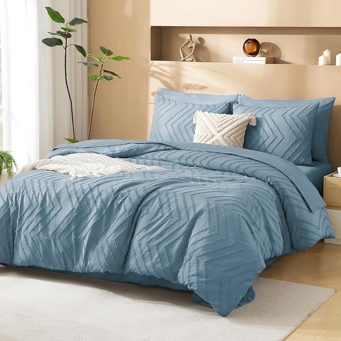Litanika Grayish Blue California King Size Comforter Set with Sheets - 7 Pieces Bed in a Bag California King Boho Tufted Complete Bedding Sets with Comforter, Sheets, Pillowcases & Shams