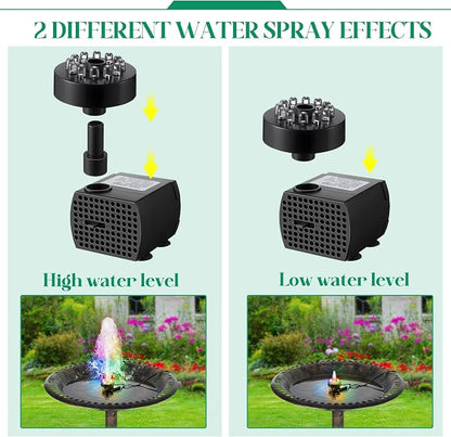 Bird Bath Fountains with 12 LED Lights, 24 Hour Working Fountain Pump with Light, Adjustable Watering Submersible Pump for Outdoor Water Garden, Pond (Colorful)