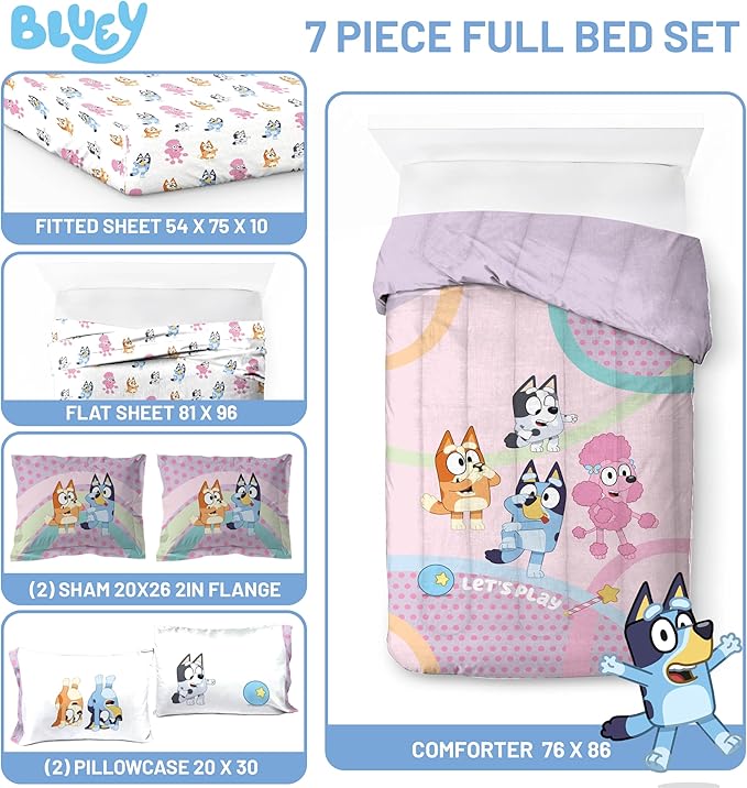 Jay Franco Kids Comforter Set Includes Sheets and Pillow Covers - Soft and Cozy Bed Set for Stylish Room Decor, Pink - Bluey 7 Piece Full Size Bedding