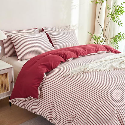 Comforter Set King Size Brick Red Striped Soft Luxury Washed Microfiber Jacquard 3 Pieces White Brick Red Vertical Ticking Stripes Pattern Comforter with 2 Pillowcases Breathable Durable Comfy
