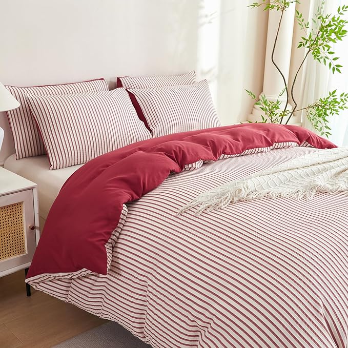 Striped Comforter Queen Brick Red Soft Luxury Washed Microfiber Jacquard 3 Pieces Bedding, White Brick Red Vertical Ticking Stripes Pattern Comforter with 2 Pillowcases Breathable Durable Comfy
