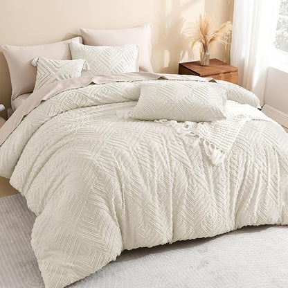 Litanika Beige Full Comforter Set, 3 Pieces Cream Tufted Boho Farmhouse Bedding Comforter Sets, Lightweight Fluffy Comforter Bed Set for All Season (79x90In Comforter and 2 Pillowcases)