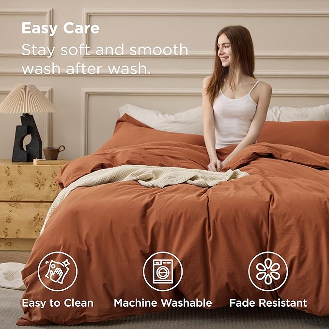 Bedsure 100% Washed Cotton Duvet Cover King Size - Burnt Orange Minimalist Bedding Set Linen Like - PureWoven Plain Simple & Soft Comforter Cover for All Seasons (Burnt Orange, King, 104"x90")