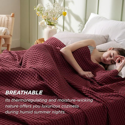 Bedsure Cooling Cotton Waffle Twin XL Blanket - Lightweight Breathable Blanket of Rayon Derived from Bamboo for Hot Sleepers, Luxury Throws for Bed, Couch and Sofa, Dark Red, 66x90 Inches