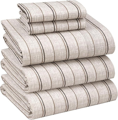 RUVANTI 100% Cotton Sheets – Split King Size Percale Bedding, Cooling & Breathable Floral Design, Durable with a Crisp, Soft & Comfortable Feel, 16" Deep Pocket, 5-Piece Set, Brown Stripes
