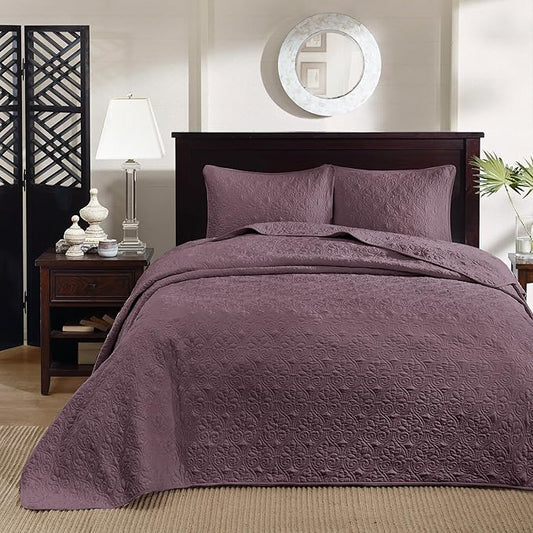 Madison Park Quebec Reversible Damask Design, Double Sided Quilting All Season, Lightweight Coverlet Bedspread Bedding Set, Matching Shams, King(120"x118"), Purple