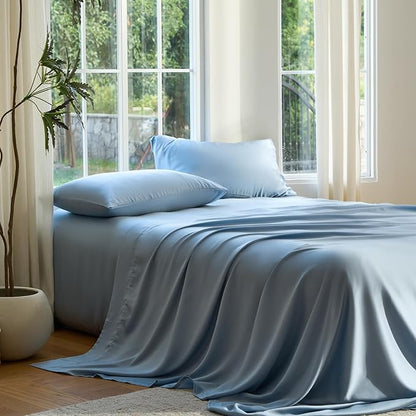 DOZ Sheet Set, 100% Viscose derived from Bamboo, Organically Grown, Buttery Soft, Cooling Sheets, High GSM, Deep Pockets - 4 Piece - 2 Pillowcases 1 Fitted 1 Top Sheet (Sky, Cal King)
