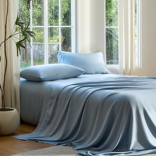 DOZ Sheet Set, 100% Viscose derived from Bamboo, Organically Grown, Buttery Soft, Cooling Sheets, High GSM, Deep Pockets - 4 Piece - 2 Pillowcases 1 Fitted 1 Top Sheet (Sky, Cal King)