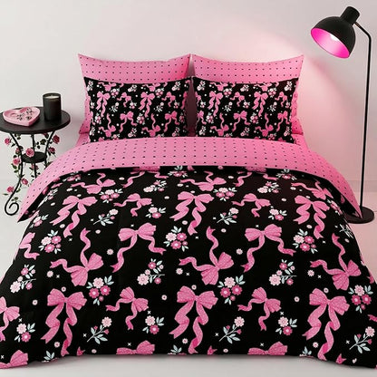 Black Pink Bow Comforter Set Queen, Pink Ribbon Bowknot Bedding 3 Pcs Love Heart Soft Microfiber Reversible Comforter Set with 2 Pillowcases, 90"x90"