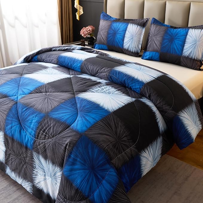 Caressma King Comforter Set Black and Blue (104x90 Inch), 3 Pieces Buffalo Plaid Black and White Checkered Comforter Bedding Set, Stylish Geometric Plaid Fluffy Home Decor for All Seasons