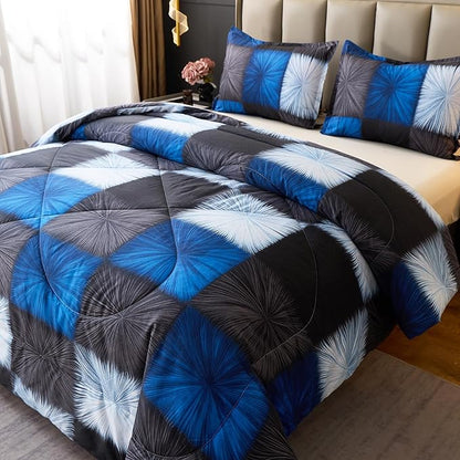 Caressma Black and White Checkered Comforter Set Queen Size(90x90 Inch), Navy Blue and White Plaid 3 Pieces Comforter Bedding Set, Microfiber Black Grid Home Decor