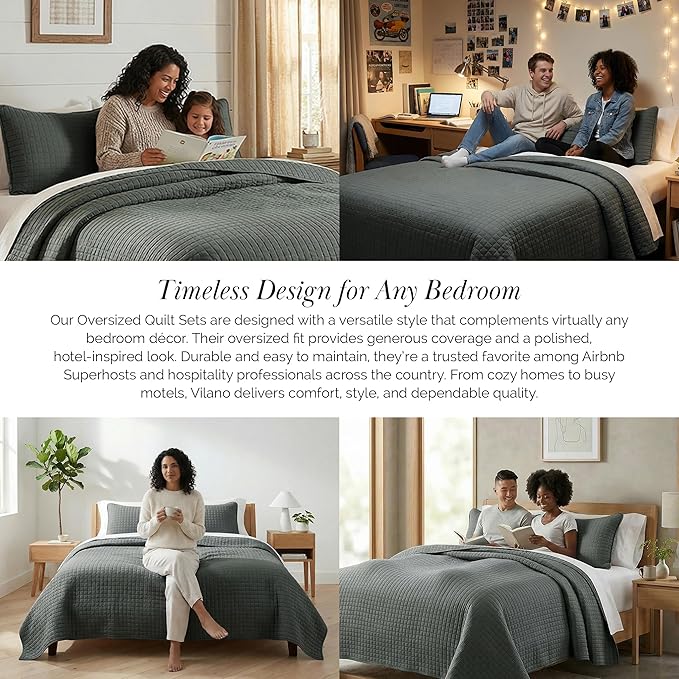 Southshore Fine Living, Inc. Twin Summer Quilts Set, Quilted Grey Bedspread Twin/XL Quilts with Matching Pillow Sham, Soft Microfiber, Lightweight Quilt Coverlet Set, Easy Care, Slate Grey