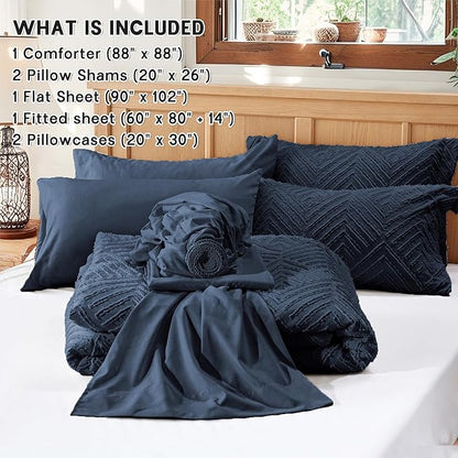 Zzlpp Queen Comforter Set 7 Pieces, Navy Blue Tufted Bed in a Bag with Comforter and Sheets,All Season Boho Bedding Sets with Comforter, 2 Pillow Shams, 2 Pillowcases, 1 Flat Sheet, 1 Fitted Sheet