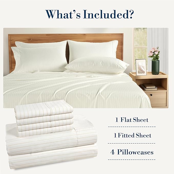 Casa Platino Sheets Queen Size Bed Set – 100% Cotton Sheet Set Queen Crisp Percale Weave with 4 Pillowcases, with 15" Deep Pocket Fitted Sheet for Secure Fit, Ultra Soft & Breathable – Sandora