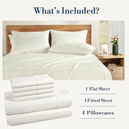 Casa Platino Sheets Queen Size Bed Set – 100% Cotton Sheet Set Queen Crisp Percale Weave with 4 Pillowcases, with 15" Deep Pocket Fitted Sheet for Secure Fit, Ultra Soft & Breathable – Sandora