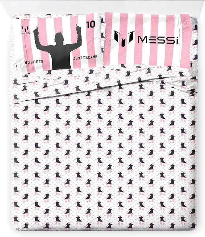 Jay Franco Kids Comforter Set Includes Sheets and Pillow Covers - Soft and Cozy Bed Set for Stylish Room Decor, Official Licensed Bedding, Pink - Messi, 7 Piece Queen