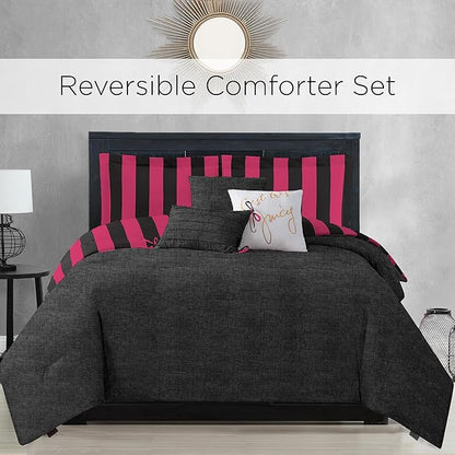 Juicy Couture Cabana Stripe Reversible Bedding Set - King Size - Black and Hot Pink Stripe Print – 6 Piece Set – Includes 1 104" x 90" Comforter, 3 Decorative Pillows, 2 Shams