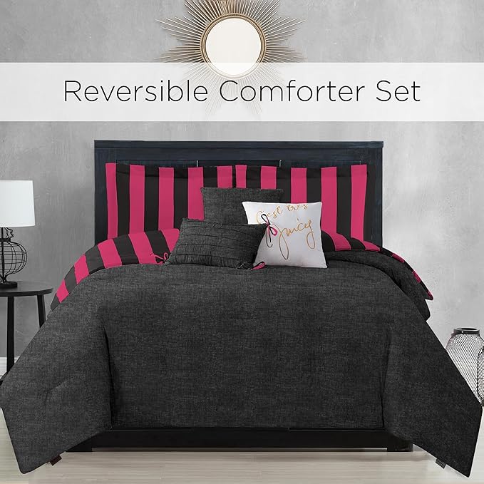 Juicy Couture Cabana Stripe Reversible Bedding Set - Twin/Twin XL Size - Black and Hot Pink Stripe Print - 5 Piece Set - Includes 1 66" x 90" Comforter, 3 Decorative Pillows, 1 Sham