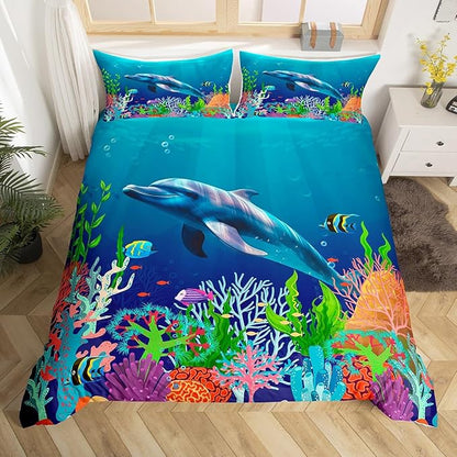 Cute Dolphin Kids Bedding Set Ocean Fish Coral Duvet Cover Set Cartoon Undersea Boys Girls Comforter Cover Set Blue Underwater Bedspread Cover Bedroom Quilt Cover Full with 2 Pillowcase,No Comforter