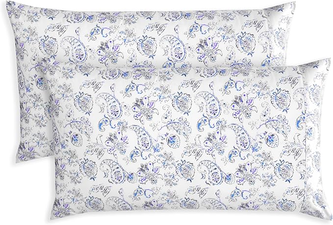Elegant Comfort Ultra Soft Set of 2 Floral Print Pillowcases - 1500 Premium Hotel Quality Microfiber, Soft and Smooth Envelope Closure 2-Piece Pillow Covers - Standard/Queen, Paisley Indigo