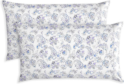 Elegant Comfort Ultra Soft Set of 2 Floral Print Pillowcases - 1500 Premium Hotel Quality Microfiber, Soft and Smooth Envelope Closure 2-Piece Pillow Covers - Standard/Queen, Paisley Indigo