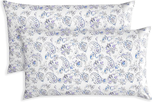 Elegant Comfort Ultra Soft Set of 2 Floral Print Pillowcases - 1500 Premium Hotel Quality Microfiber, Soft and Smooth Envelope Closure 2-Piece Pillow Covers - Standard/Queen, Paisley Indigo