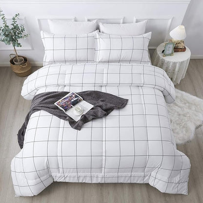 Andency White Grid Comforter Set Full(79x90Inch), 3 Pieces (1 Plaid Comforter and 2 Pillowcases) White Plaid Comforter Set, Lightweight Polyester Gingham Geometric Comforter Bedding Set