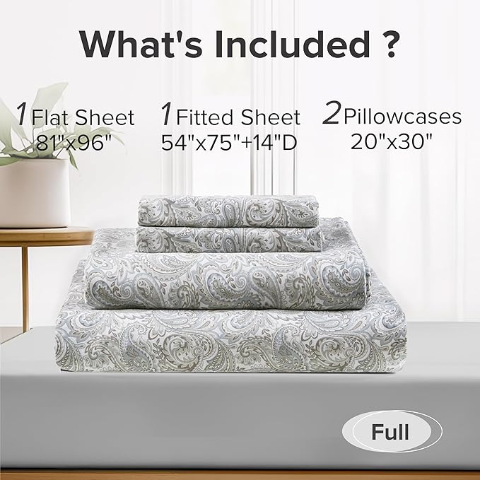 Comfort Spaces 100% Cotton Sheet Set Breathable, Lightweight, Soft with 14" Elastic Pocket Fits up to 16" Mattress, All Season Cozy Bedding, Matching Pillow Case, Full Paisley Multi 4 Piece
