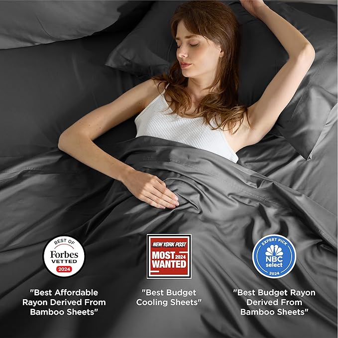 Bedsure King Size Sheets Set, Cooling Sheets for Hot Sleepers, Rayon Derived from Bamboo, PureWoven, Breathable & Soft, Deep Pocket Up to 16 Inches, Hotel Luxury Silky Bedding, Grey