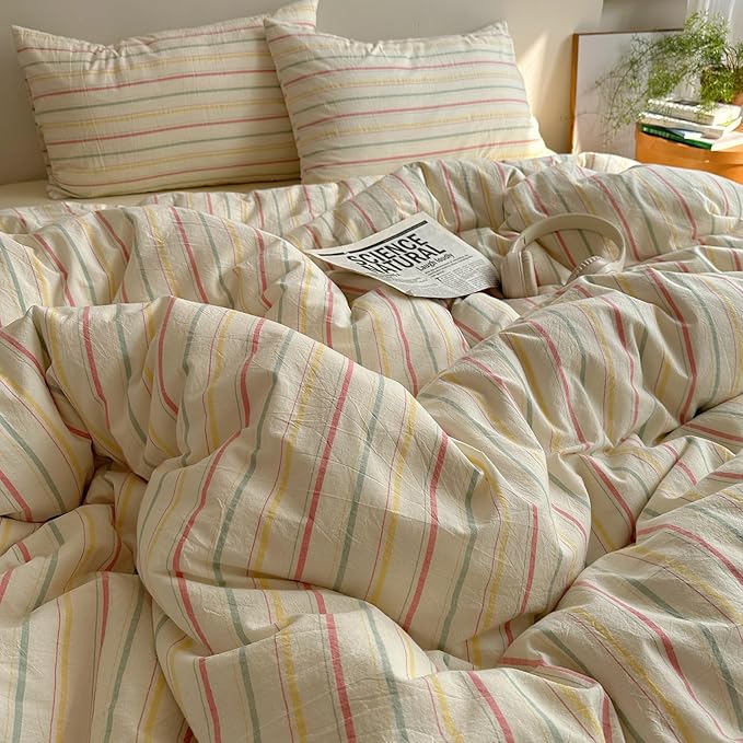 EAVD Colorful Striped Duvet Cover Twin Soft 100% Cotton Vintage Pink Green Yellow Stripes Printed Bedding Set with 2 Pillowcases Retro Reversible Geometric Comforter Cover with Zipper Corner Ties