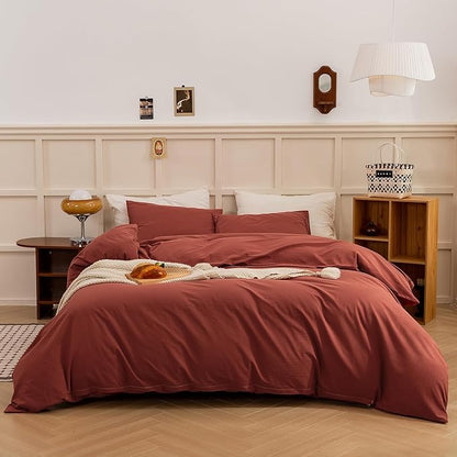 ECOCOTT Duvet Cover Queen Size - Linen Feel Organic Natural 100% Washed Cotton, Soft Breathable 3 Pieces Bedding Set with Zipper Closure, Burnt Brick Red