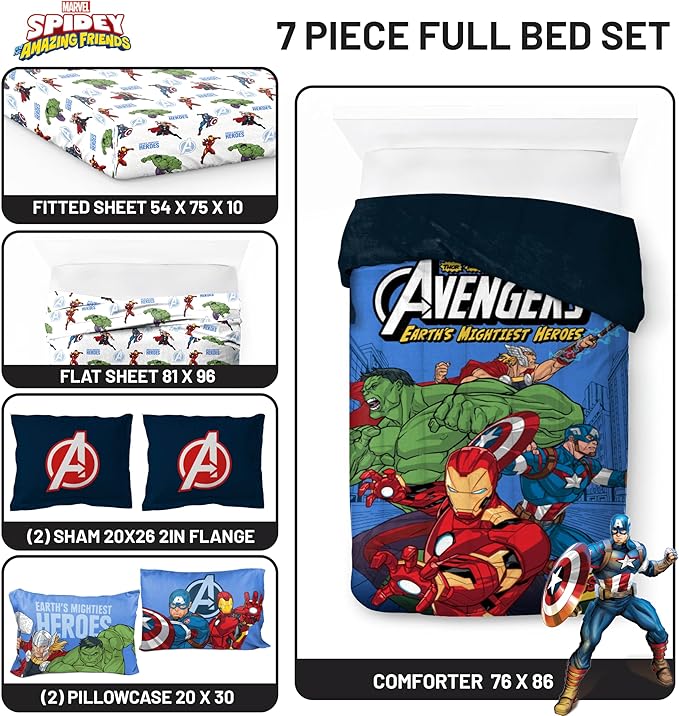 Jay Franco Kids Comforter Set Includes Sheets and Pillow Covers - Soft and Cozy Bed Set for Stylish Room Decor, Official Licensed Bedding, Blue - Avengers, 7 Piece Full