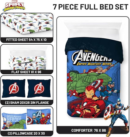 Jay Franco Kids Comforter Set Includes Sheets and Pillow Covers - Soft and Cozy Bed Set for Stylish Room Decor, Official Licensed Bedding, Blue - Avengers, 7 Piece Full