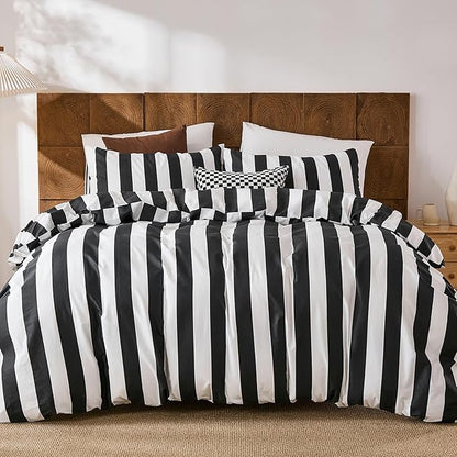 Merryword Black and White Striped Duvet Cover Set Queen Size - 100% Cotton Duvet Cover Set with Zipper Closure & 8 Corner Ties, 3-Piece Luxury Linen Like Bedding Set for All Seasons