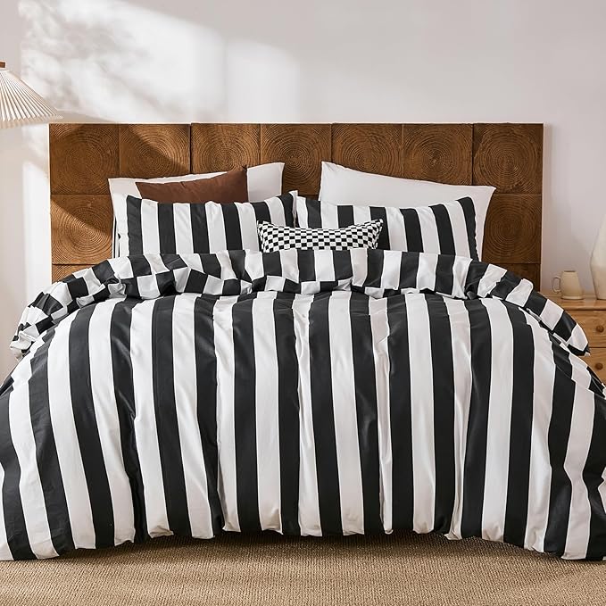 Merryword Black and White Striped Duvet Cover Set King Size - 100% Cotton Duvet Cover Set with Zipper Closure & 8 Corner Ties, 3-Piece Luxury Linen Like Bedding Set for All Seasons