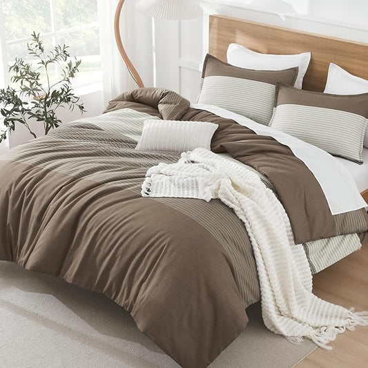 Litanika Comforter Set Full Size Coffee - 3 Pieces Lightweight Colorblock Stripe Fluffy Bedding Comforter Sets, All Season Bed Set