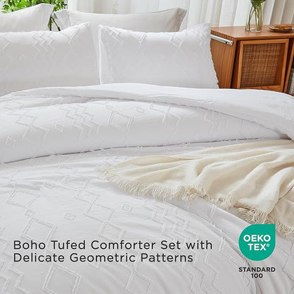 Andency White Full Size Comforter Set, 3 Pieces Boho Textured Fall Farmhouse Bed, Microfiber Geometric Comforter Bedding Set (79x90In Comforter & 2 Pillowcases)