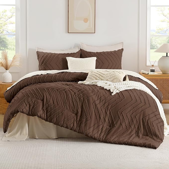 Andency Brown California King Comforter Set, Boho Cal King Soft Warm Tufted Neutral Bedding Comforter Sets, 3 Pieces Cali King Aesthetic Chevron Farmhouse Cute Bohemian Textured Bedding Set